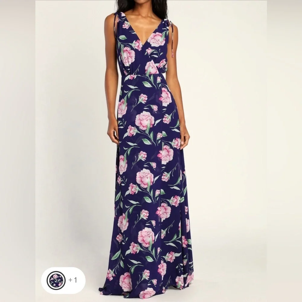 Lulu’s New V-Neck Sleeveless Navy Floral Print Maxi Prom Bridesmaid Dress Size M - Picture 3 of 16